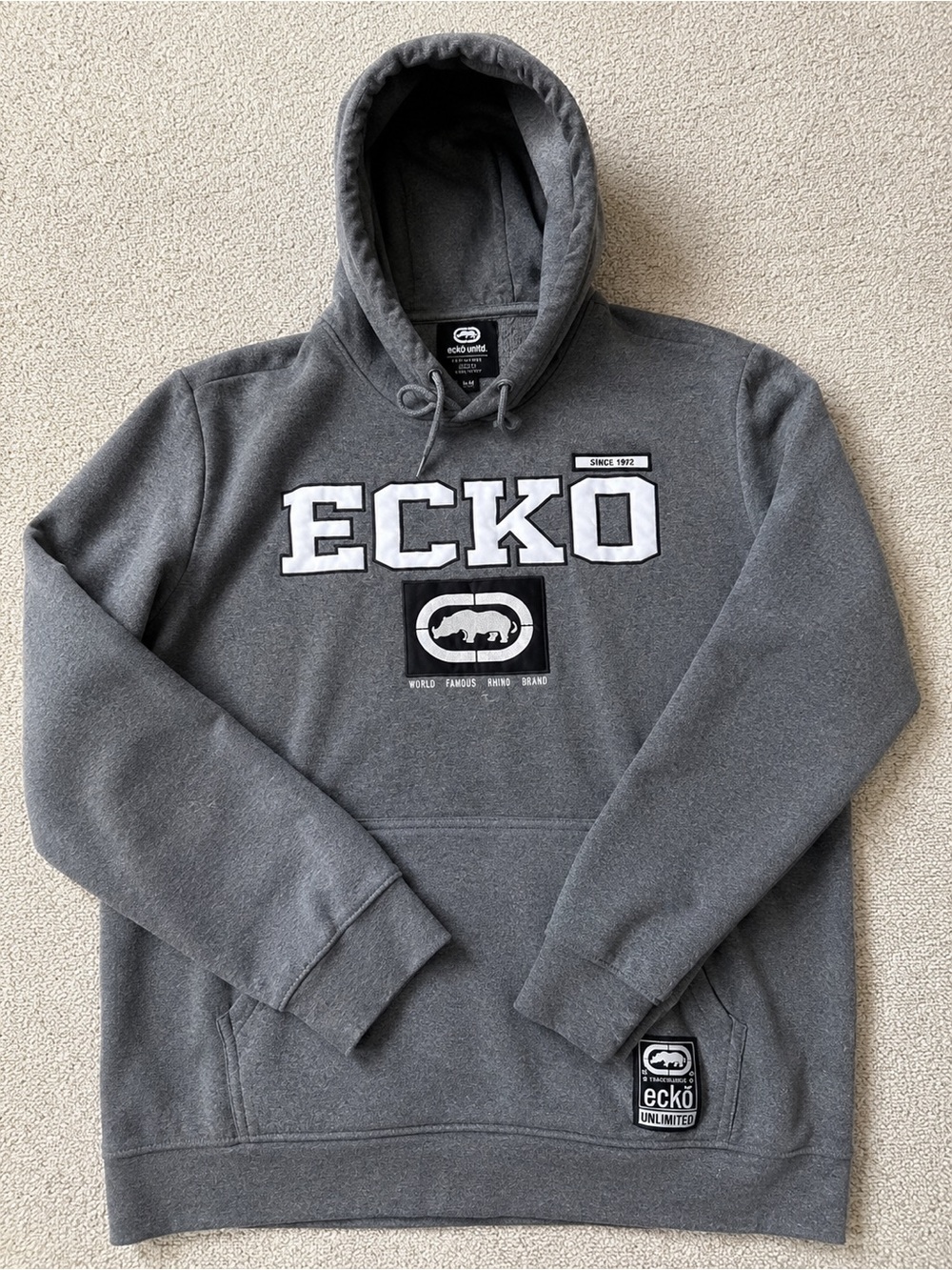 Ecko Unltd Hoodie Large Gray Y2K Streetwear Rhino Logo Pullover Men’s